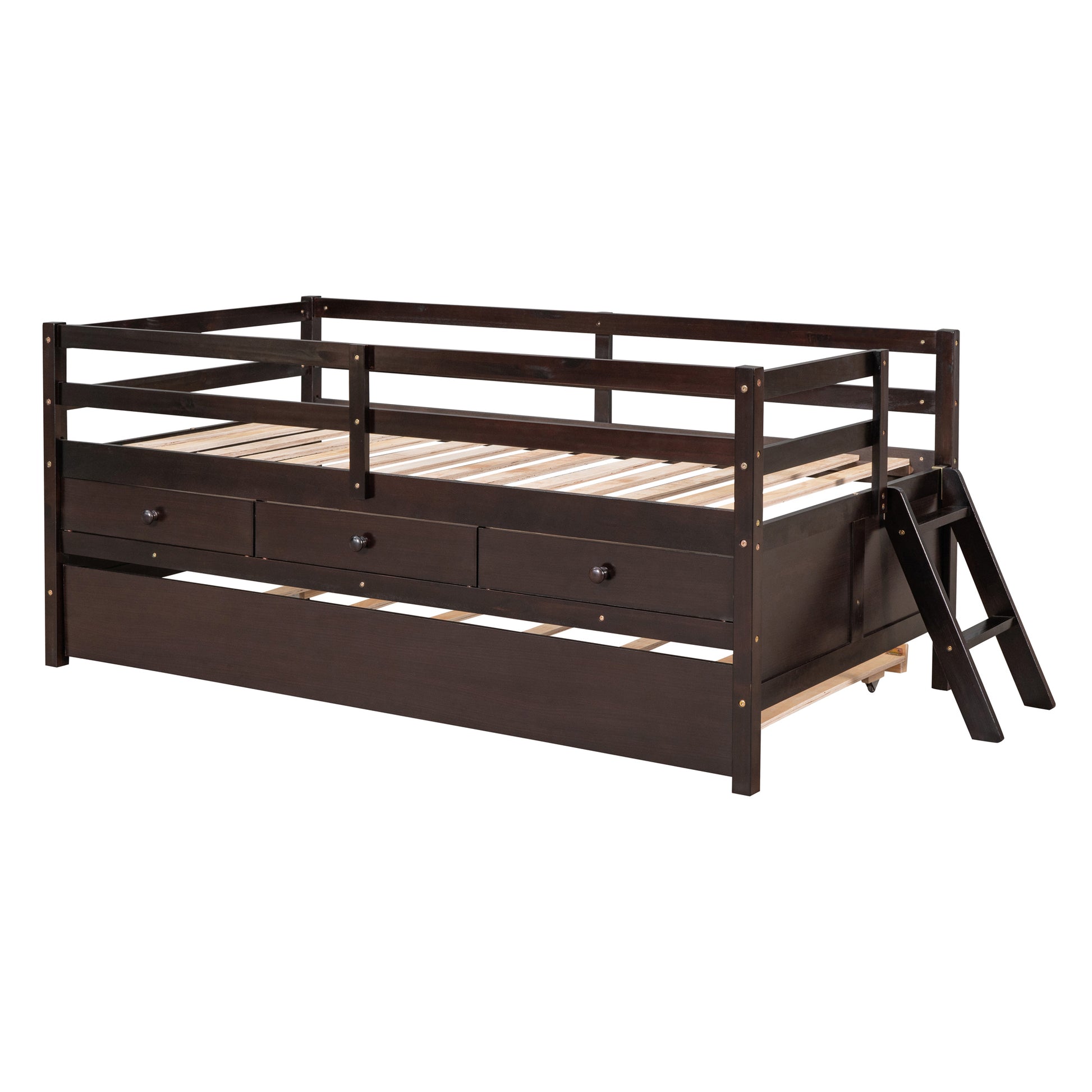 Low Loft Bed Twin Size With Full Safety Fence -