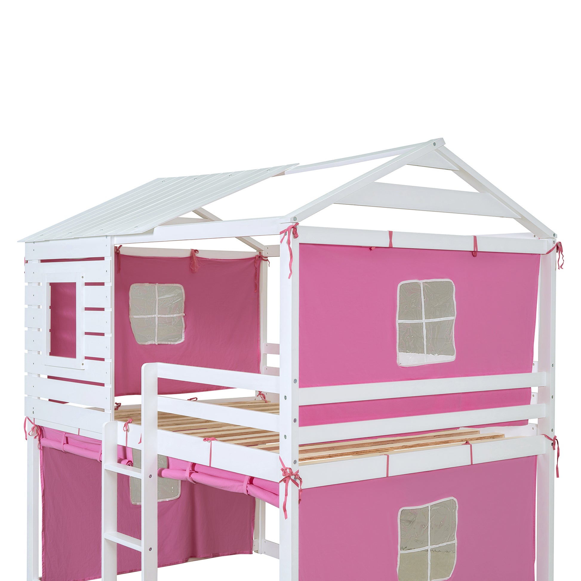 Full Size Bunk Wood House Bed With Tent, Pink