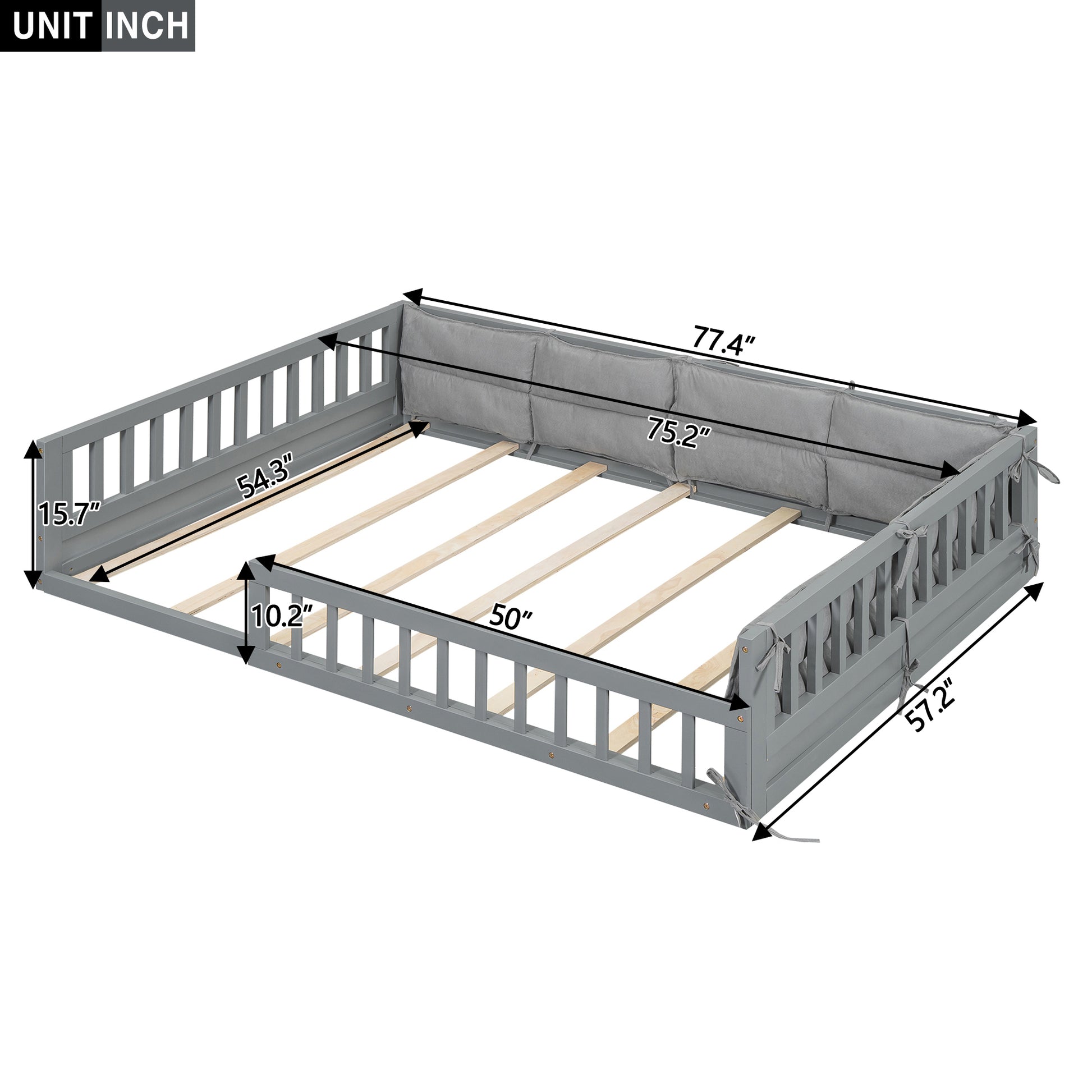 Wood Full Size Upholstered Platform Bed with Guardrail box spring not required-full-gray-wood-bed