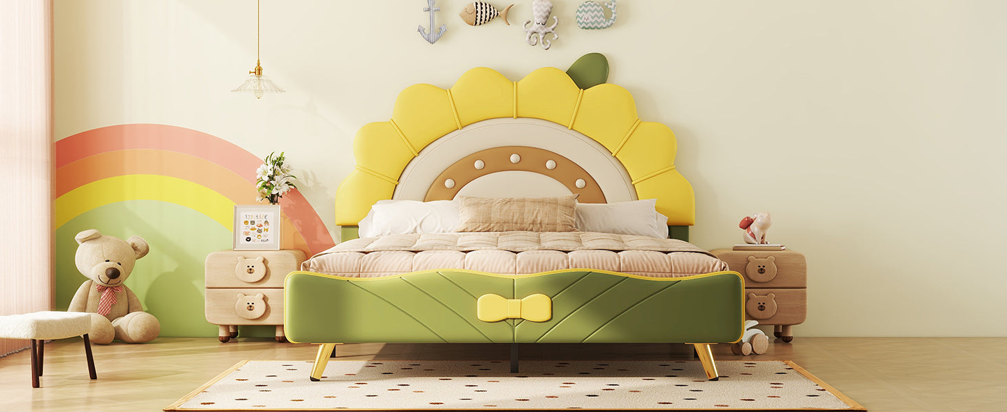 Full Size Upholstered Platform Bed With Sunflower