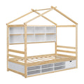 Twin House Bed With Roof Frame, Bedside Shelves,