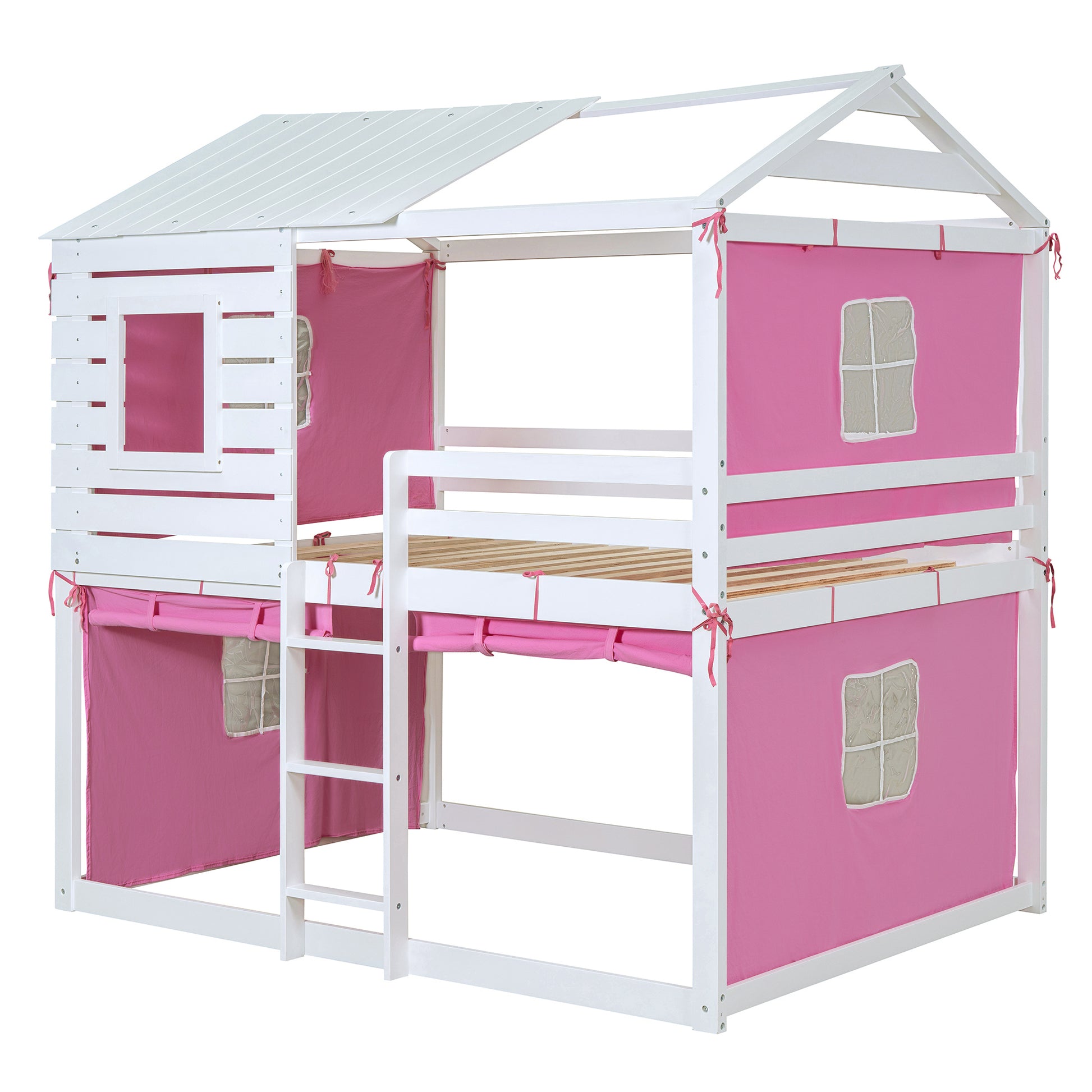 Full Size Bunk Wood House Bed With Tent, Pink