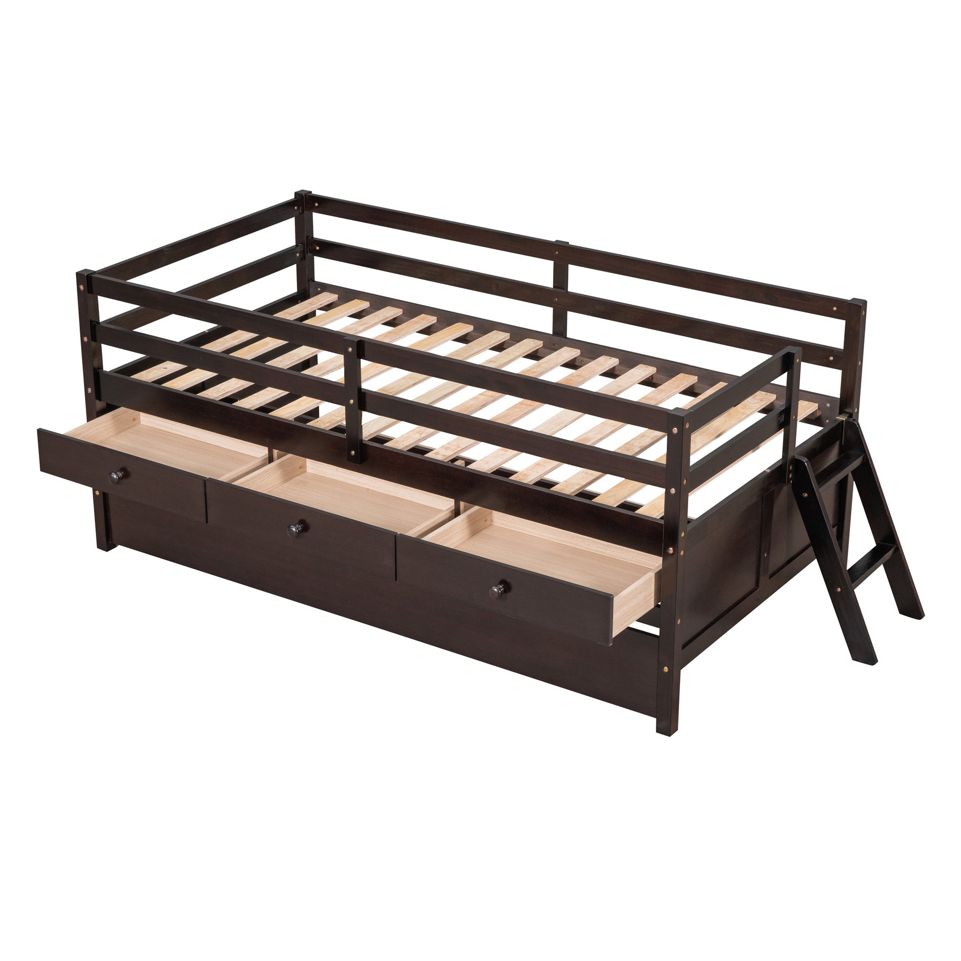 Low Loft Bed Twin Size With Full Safety Fence -