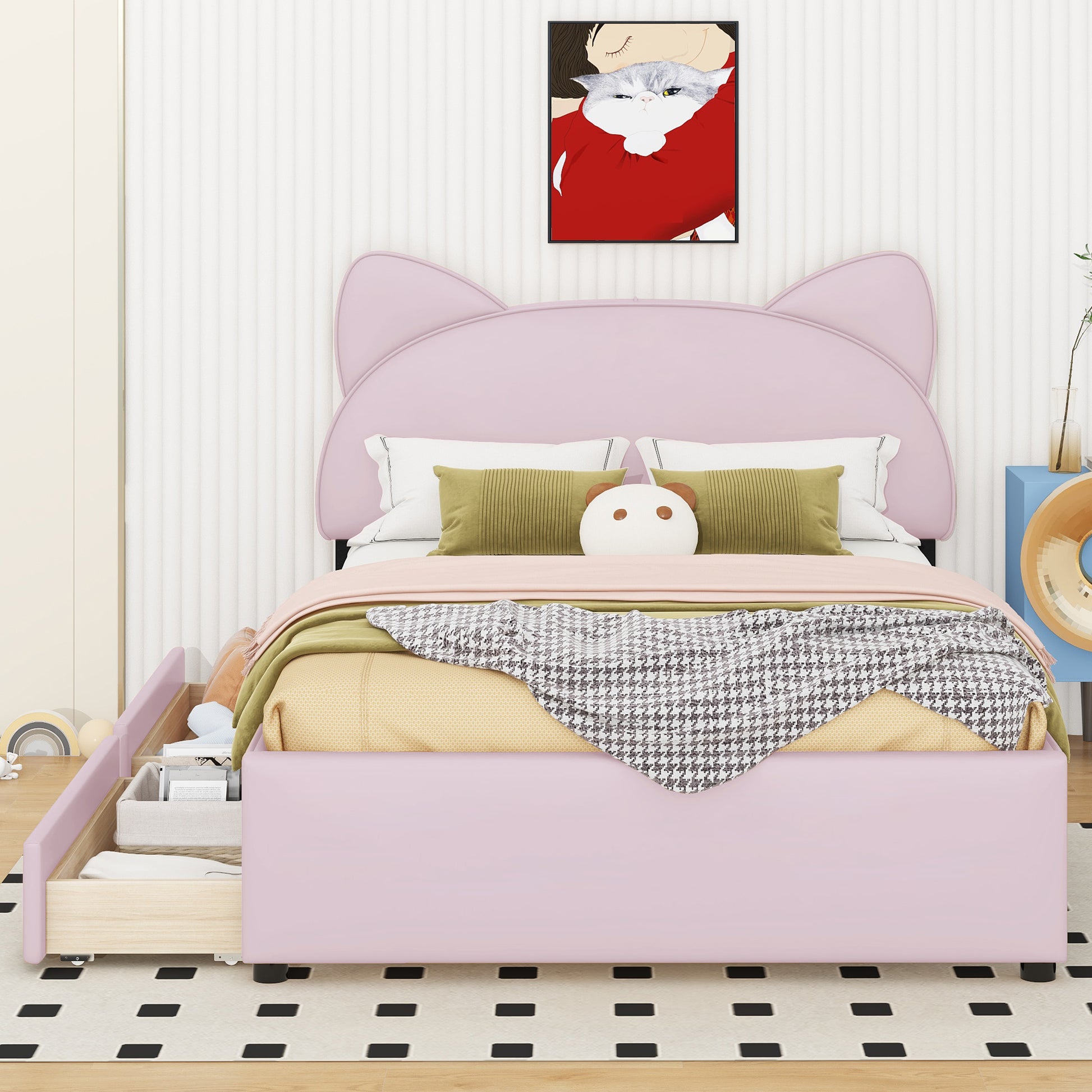 Full Size Upholstered Platform Bed with Cartoon Ears box spring not