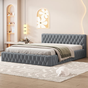 Queen Size Velvet Upholstered Platform Bed, With