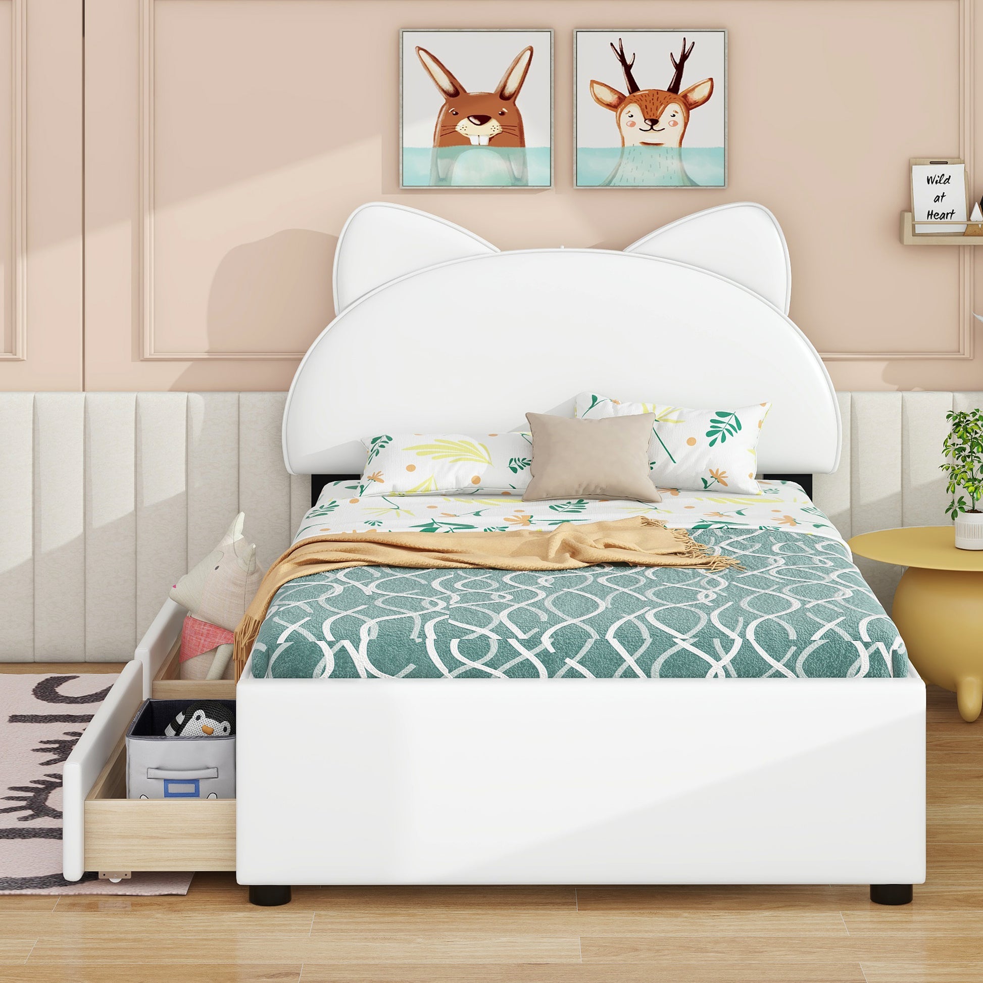 Twin Size Upholstered Platform Bed with Cartoon Ears box spring not