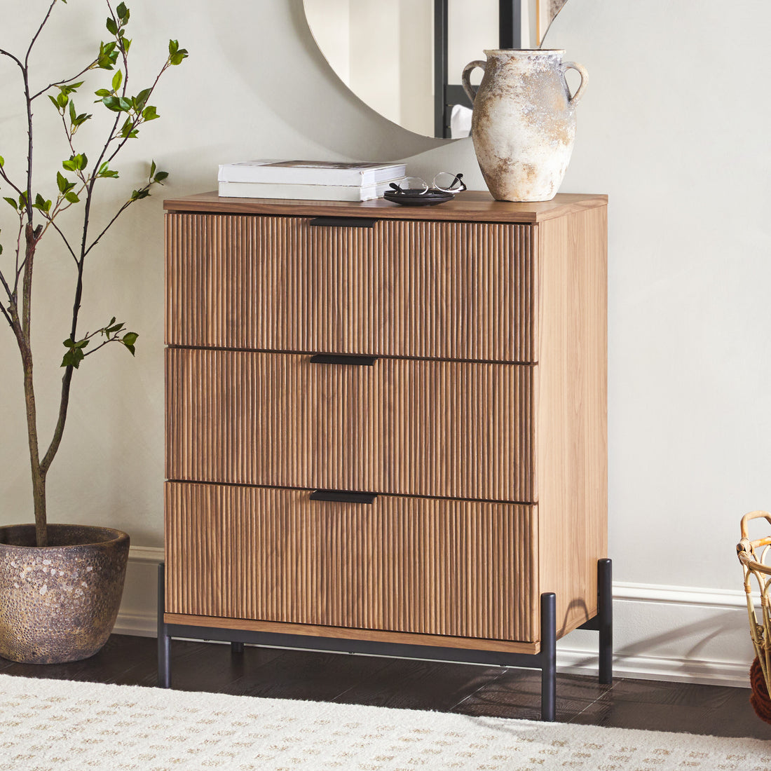 Mid Century 3 Drawer Chest With Reeded Drawer