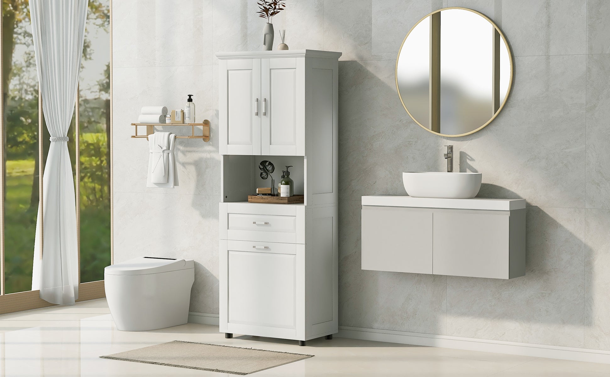 Tall Bathroom Cabinet With Laundry Basket, Large