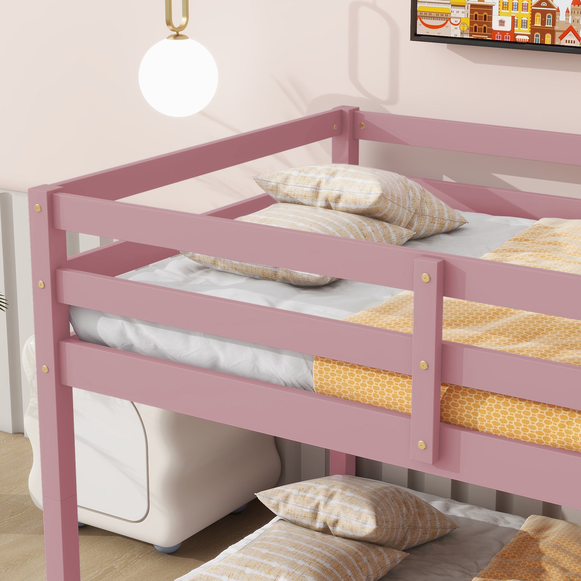 Twin Over Twin Floor Bunk Bed,Pink - Twin Pink