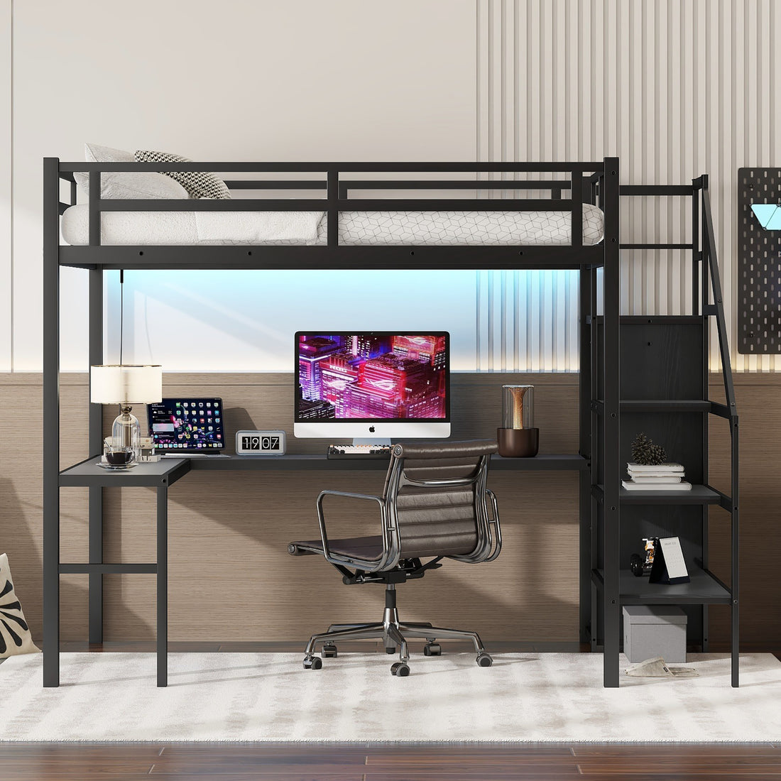 Full Size Loft Bed With L Shaped Desk And Usb,