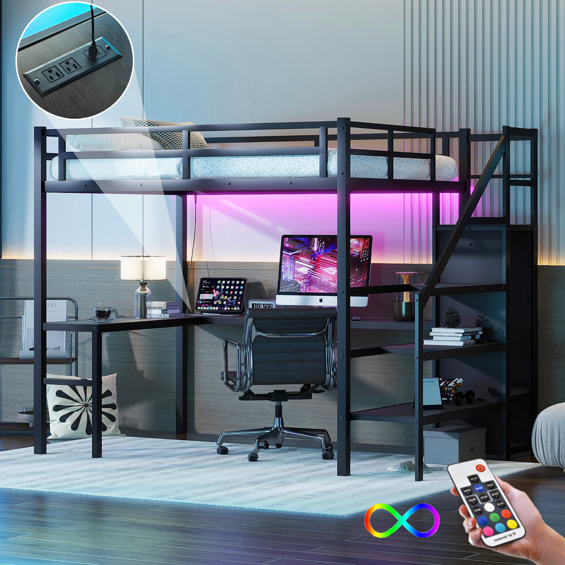 Full Size Loft Bed With L Shaped Desk And Usb,