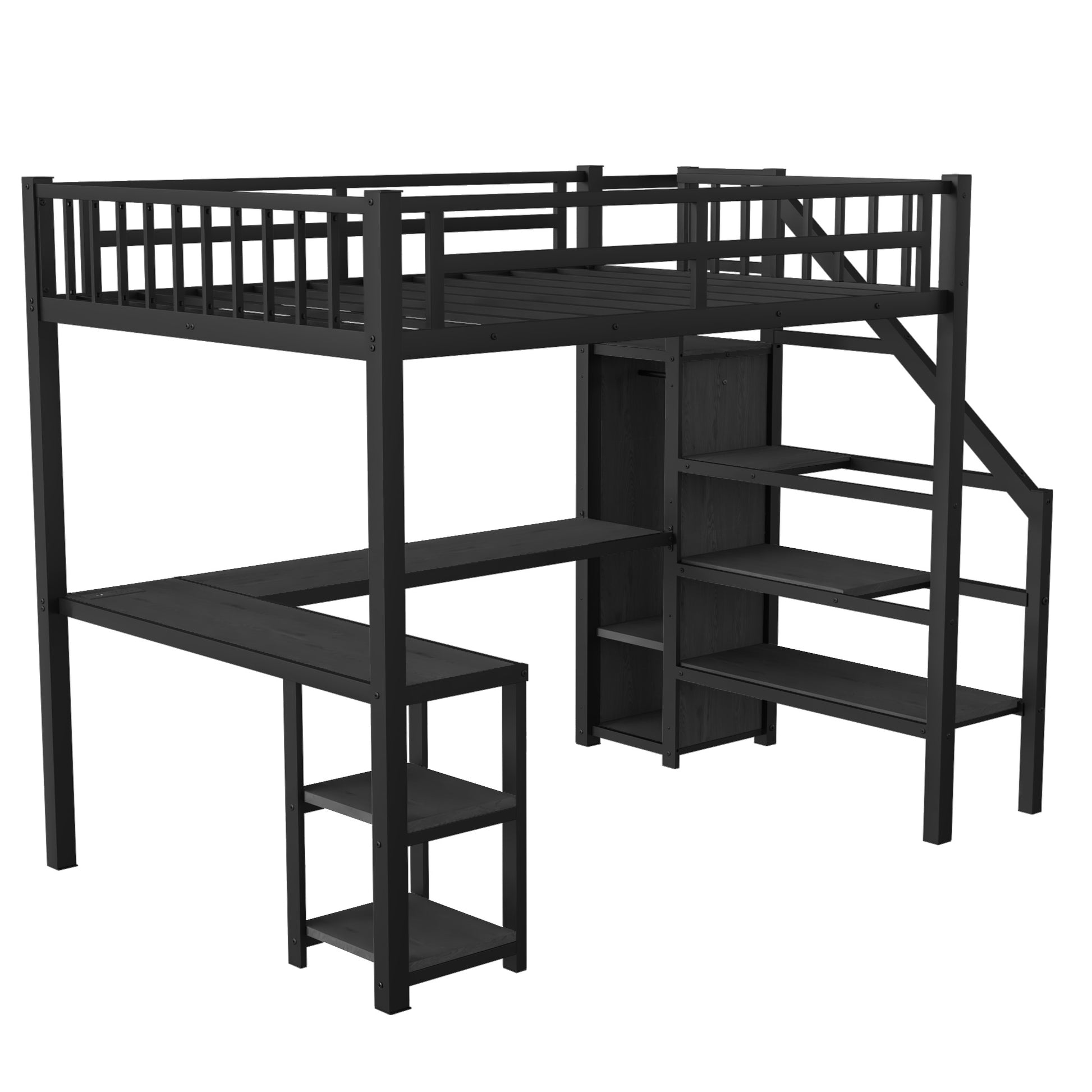 Metal Full Loft Bed With Wardrobe And Led Light,