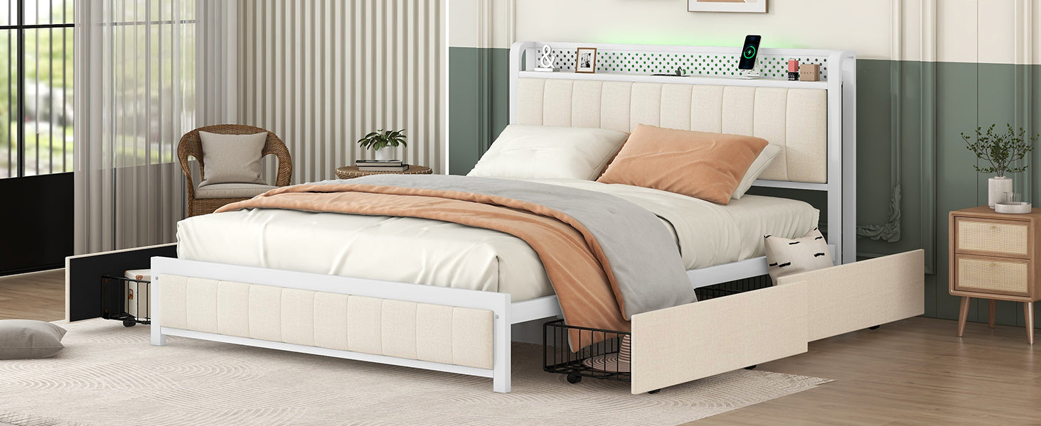 Queen Bed Frame With Led Headboard, Upholstered