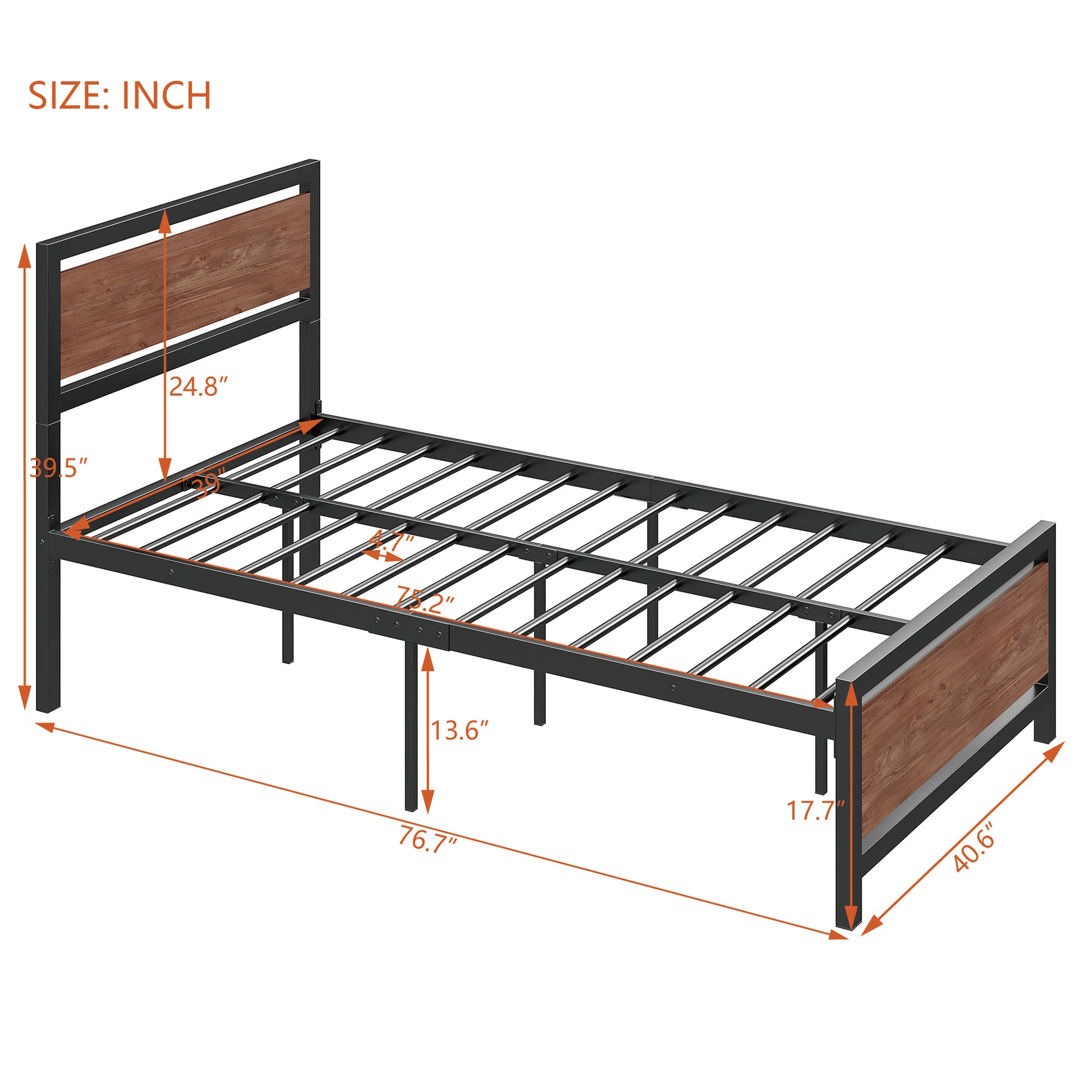 Twin Size Platform Bed, Metal And Wood Bed Frame