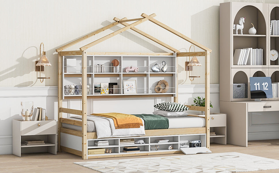 Twin House Bed With Roof Frame, Bedside Shelves,