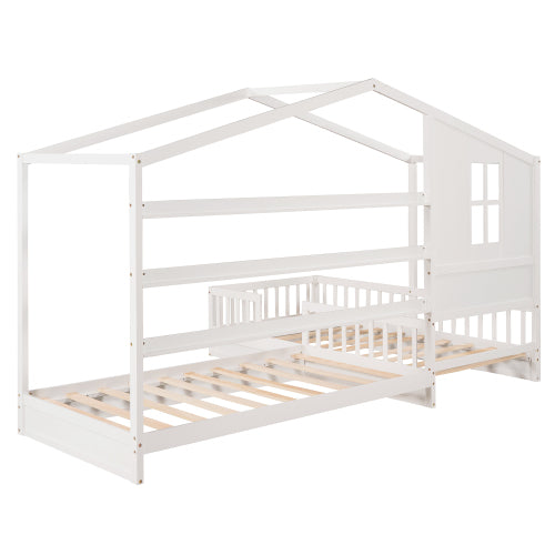 Wood House Bed Twin Size, 2 Twin Solid Bed L