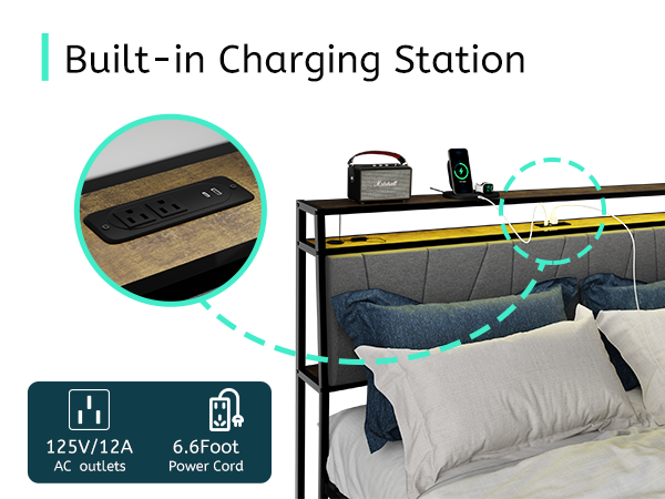 Full Bed Frame With Storage, Ergonomic Headboard,