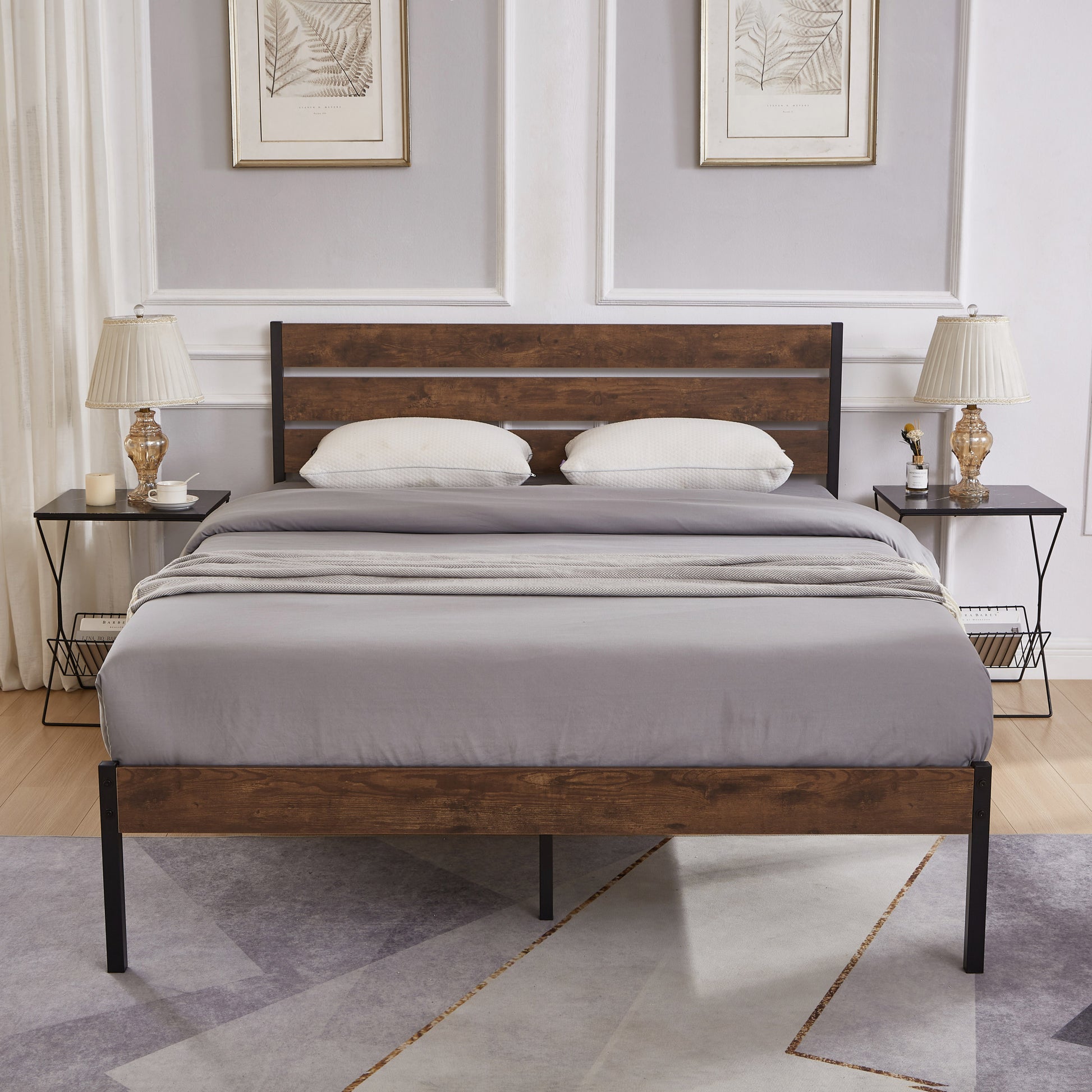 Queen Size Bed Frame With Wood Headboard, Metal