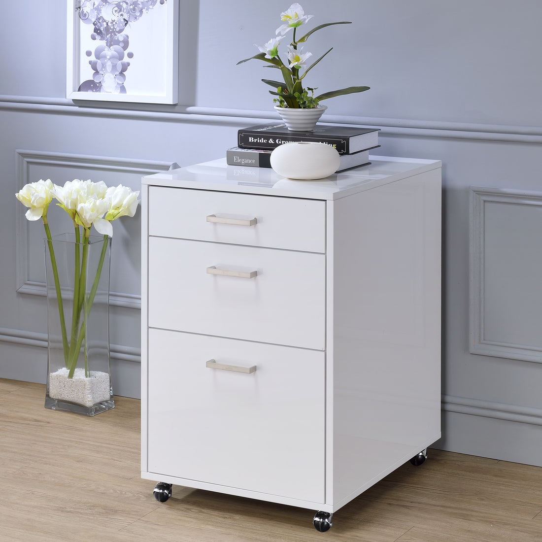 White High Gloss File Cabinet With 3 Drawers -