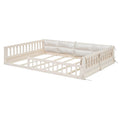 Wood Full Size Upholstered Platform Bed with Guardrail box spring not required-full-beige-wood-bed