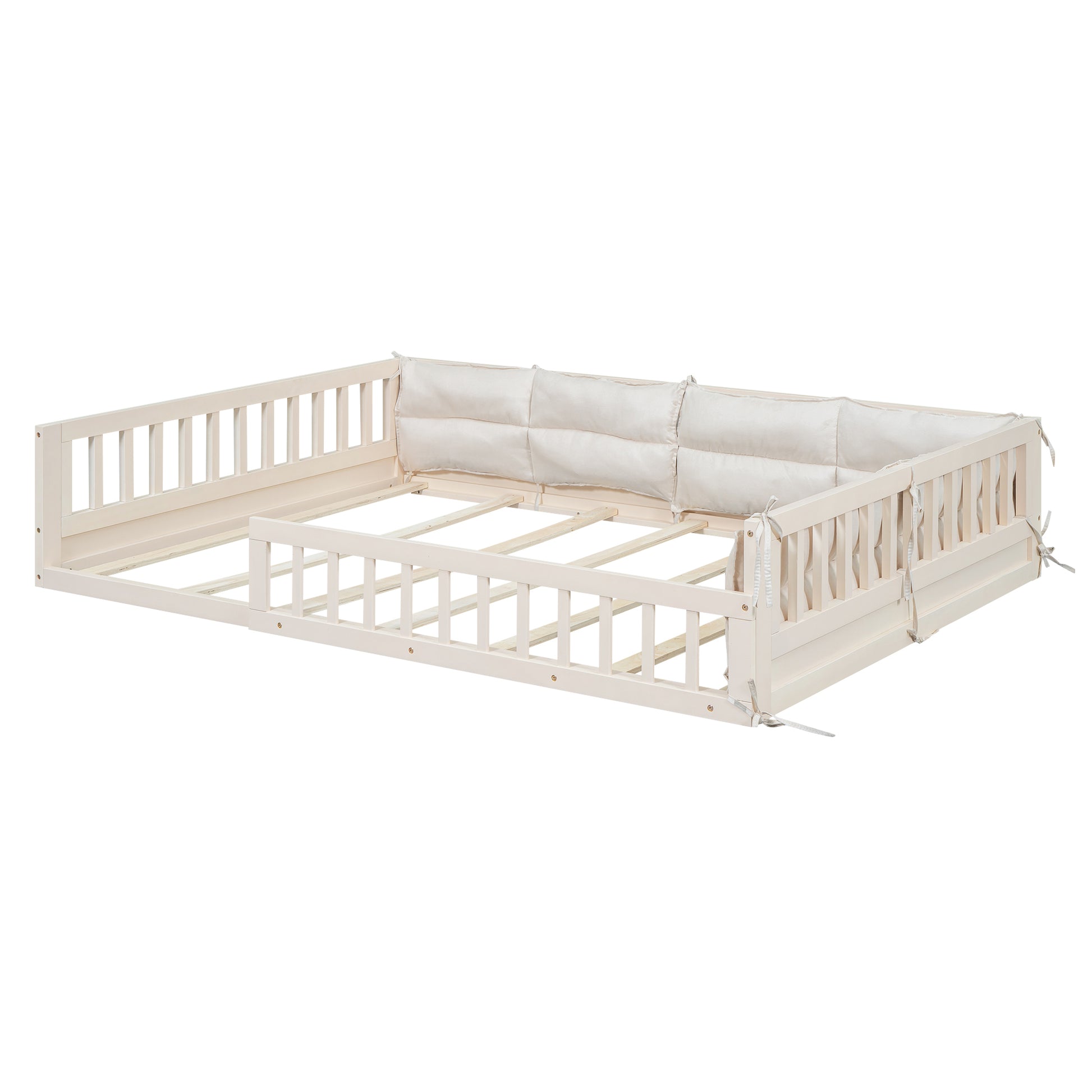 Wood Full Size Upholstered Platform Bed with Guardrail box spring not required-full-beige-wood-bed