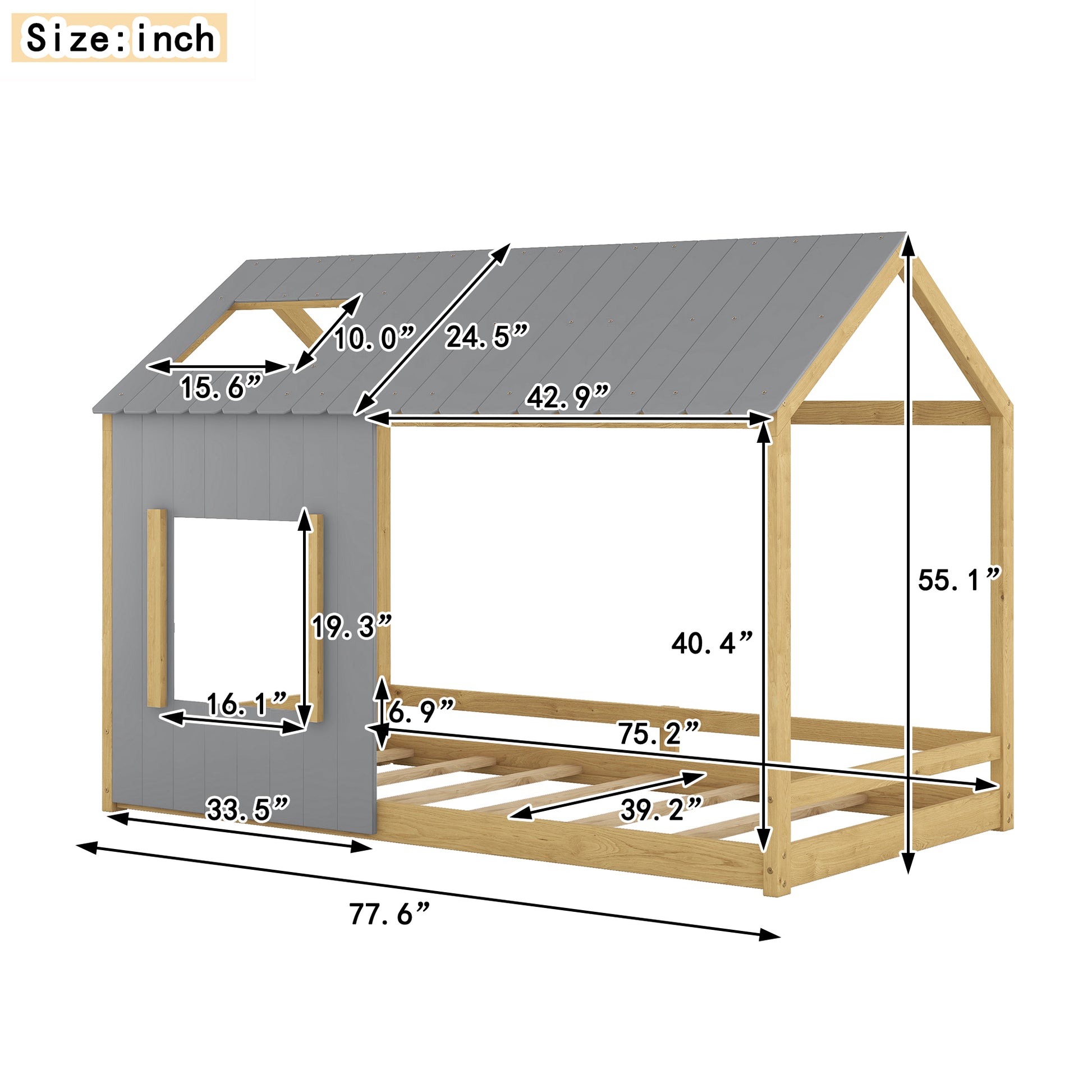 Twin Size House Bed With Roof And Window Gray