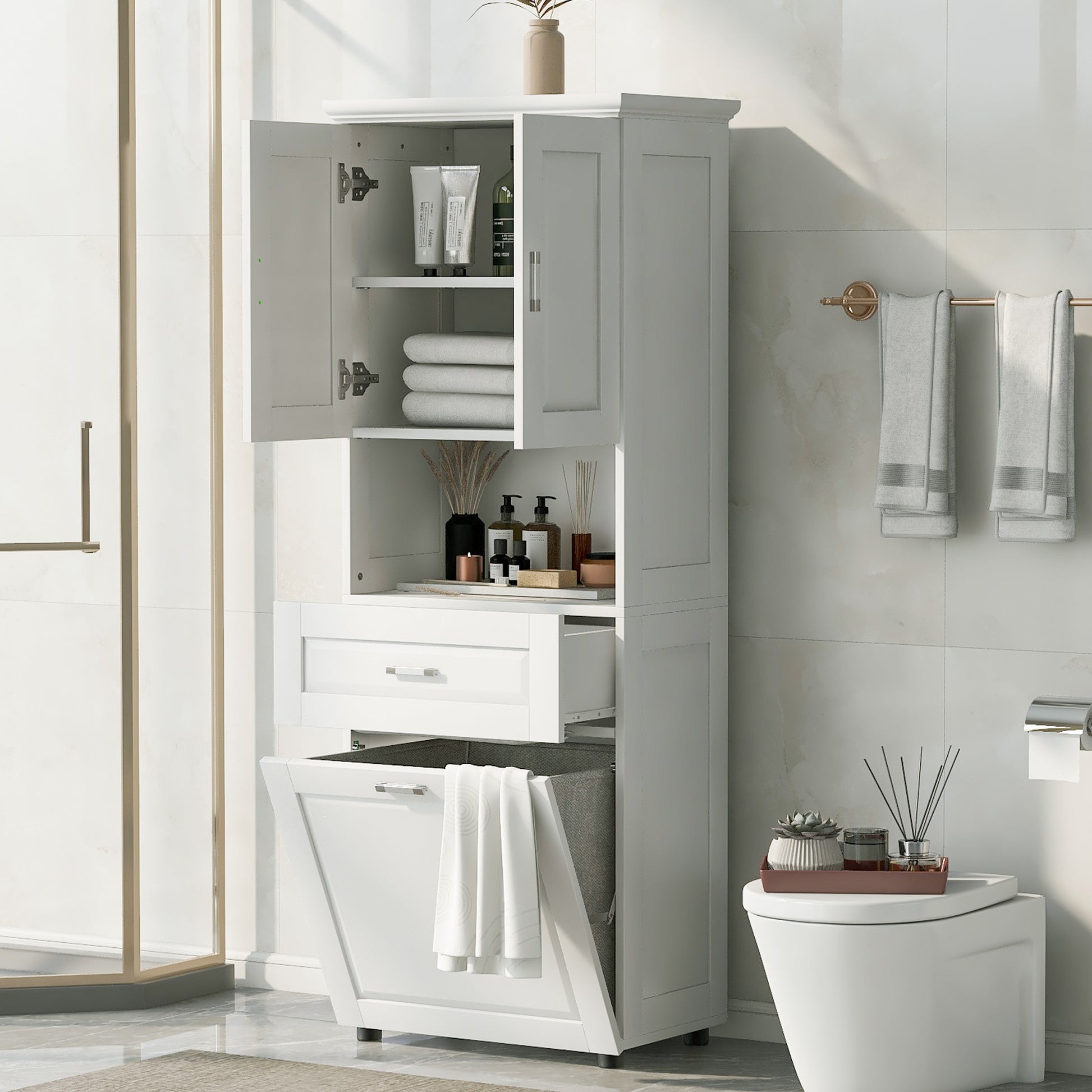 Tall Bathroom Cabinet With Laundry Basket, Large