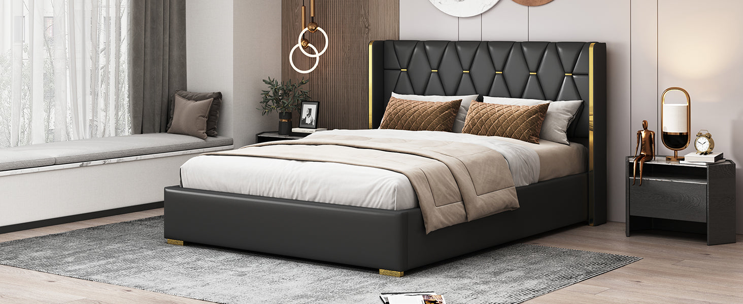 Queen Size Upholstered Platform Bed With Metal