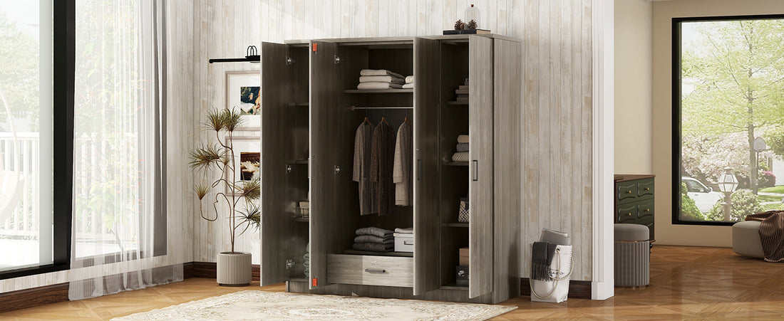 4 Door Wardrobe With 1 Drawer, Gray - Grey Gray