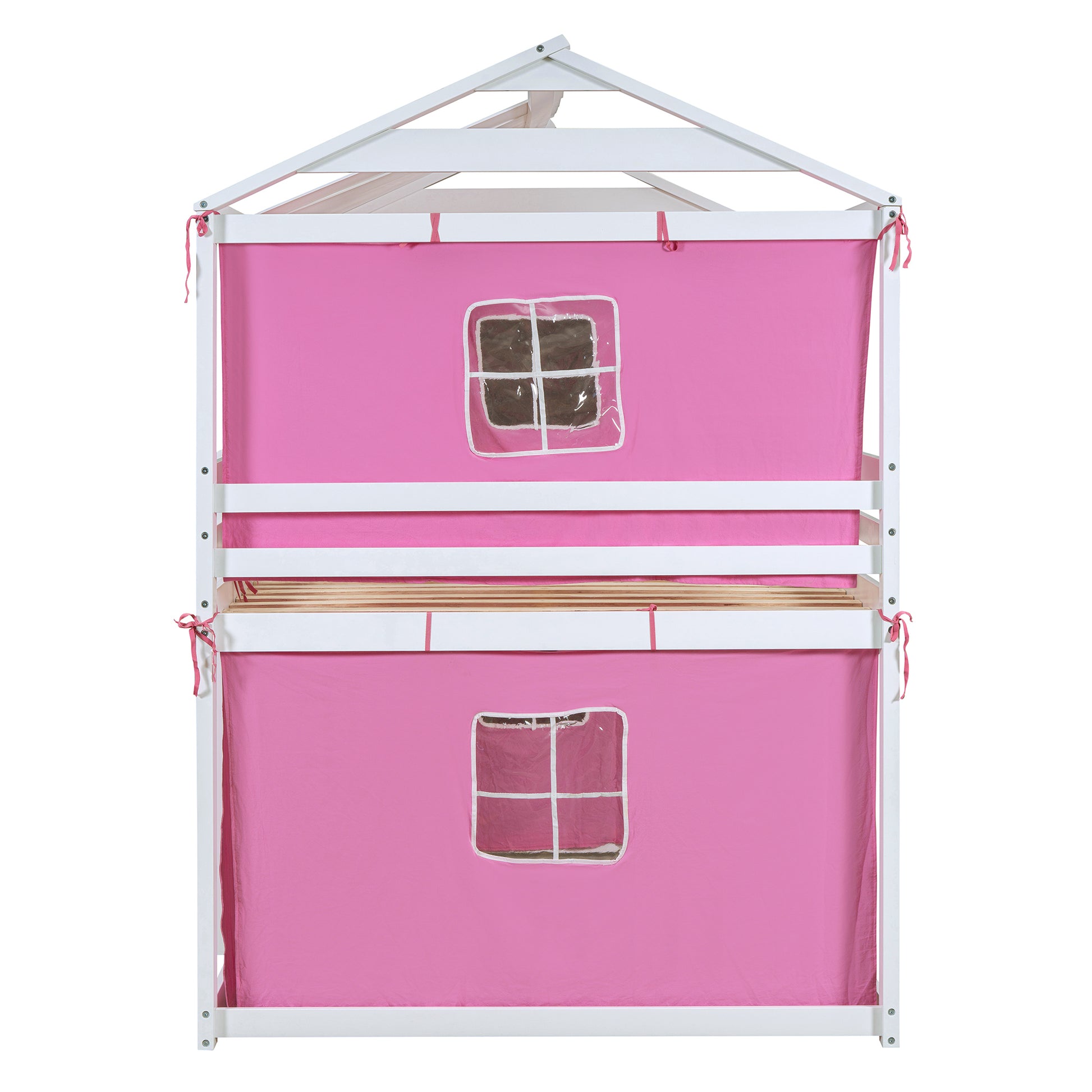 Full Size Bunk Wood House Bed With Tent, Pink