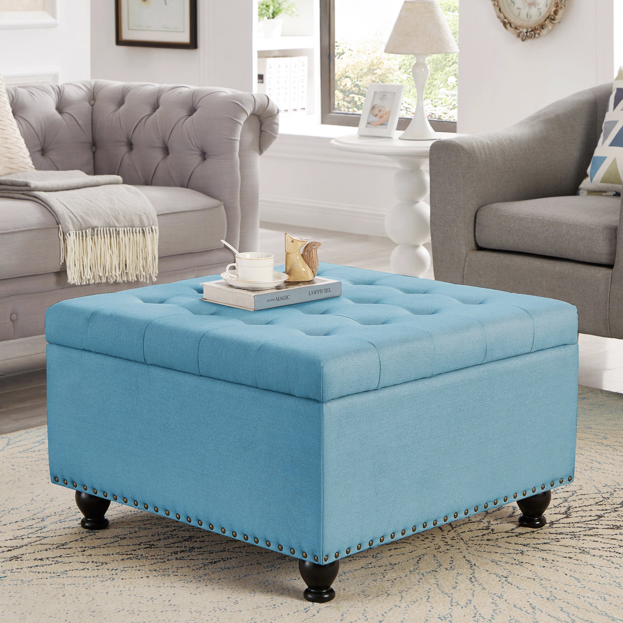 Large Square Storage Ottoman With Wooden Legs -