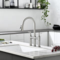 3 Hole Brushed Nickel Bridge Kitchen Faucet With