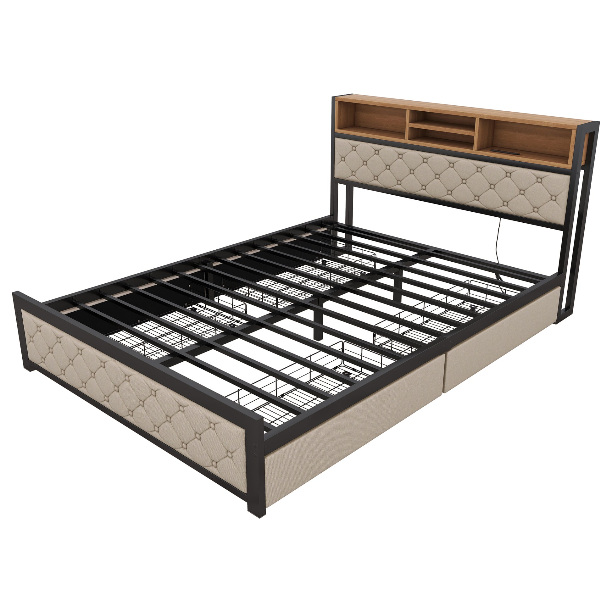 Metal Queen Size Platform Bed With 4 Drawers -