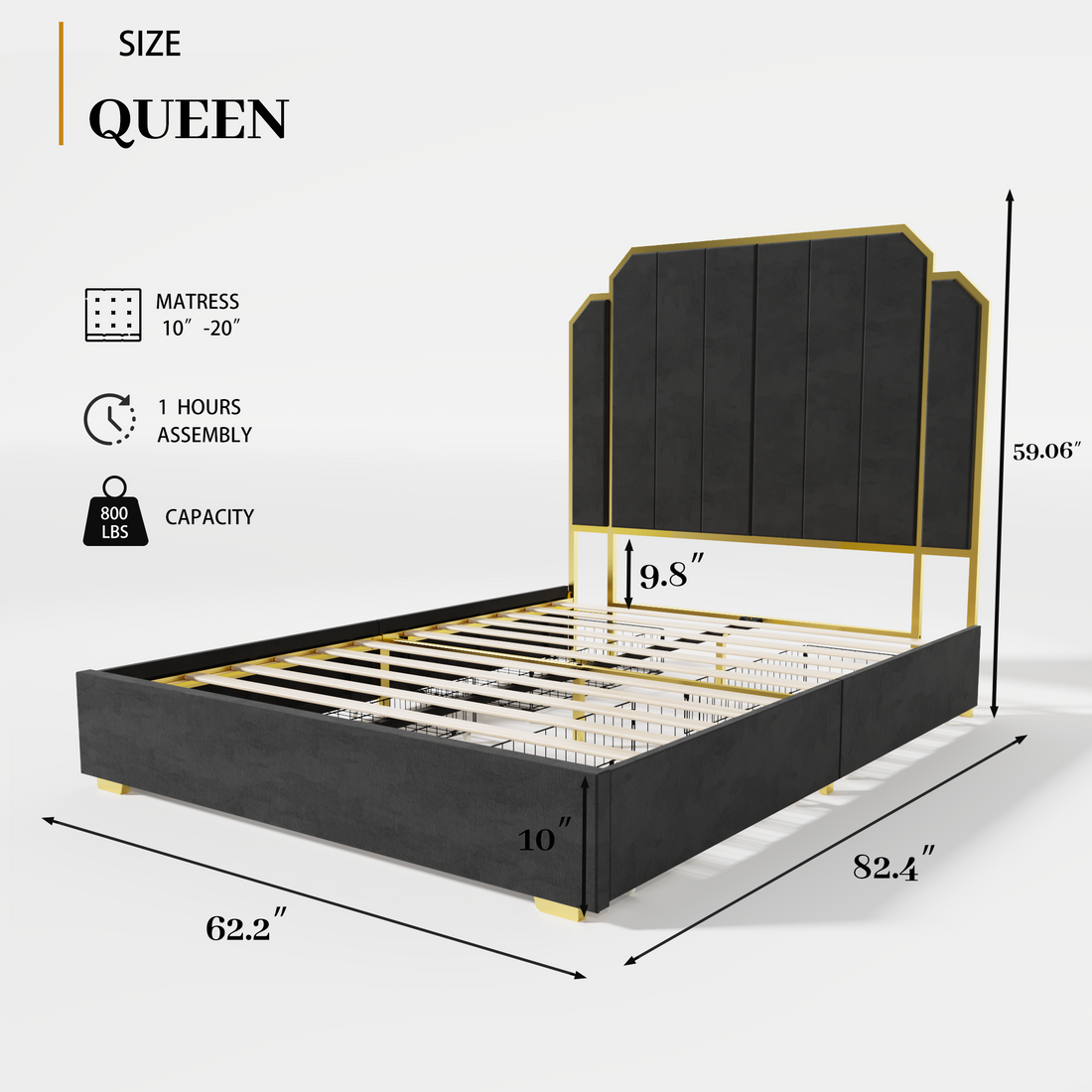 Queen Size Bed Frame And 59.06" Headboard,