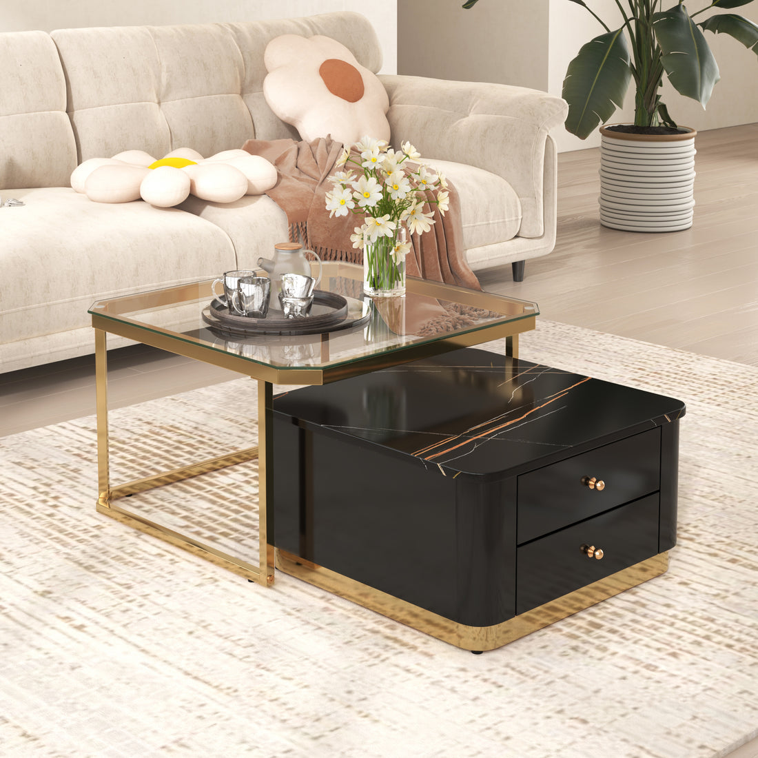 Modern 2 Pieces Black Square Nesting Coffee Table