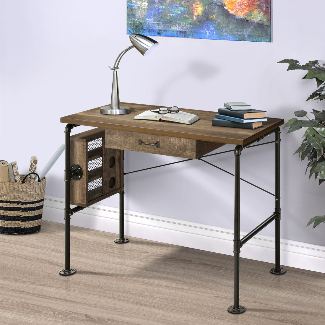 Weathered Oak And Black 1 Drawer Writing Desk -