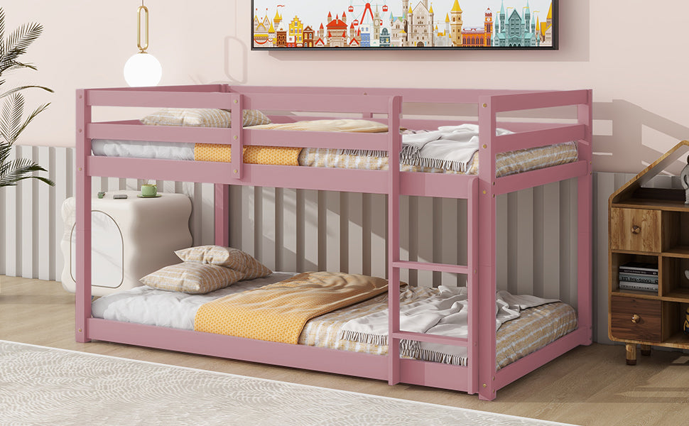 Twin Over Twin Floor Bunk Bed,Pink - Twin Pink