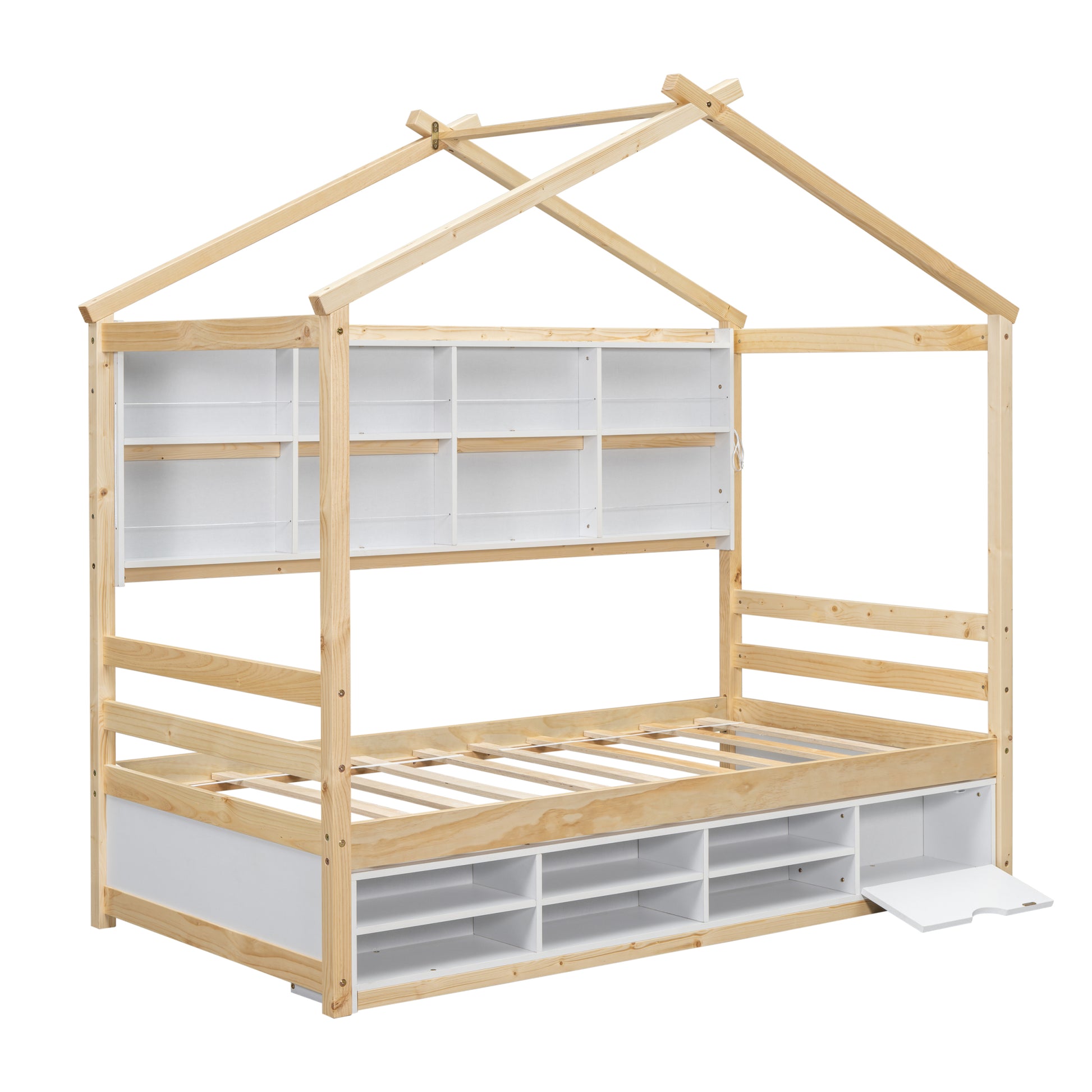 Twin House Bed With Roof Frame, Bedside Shelves,