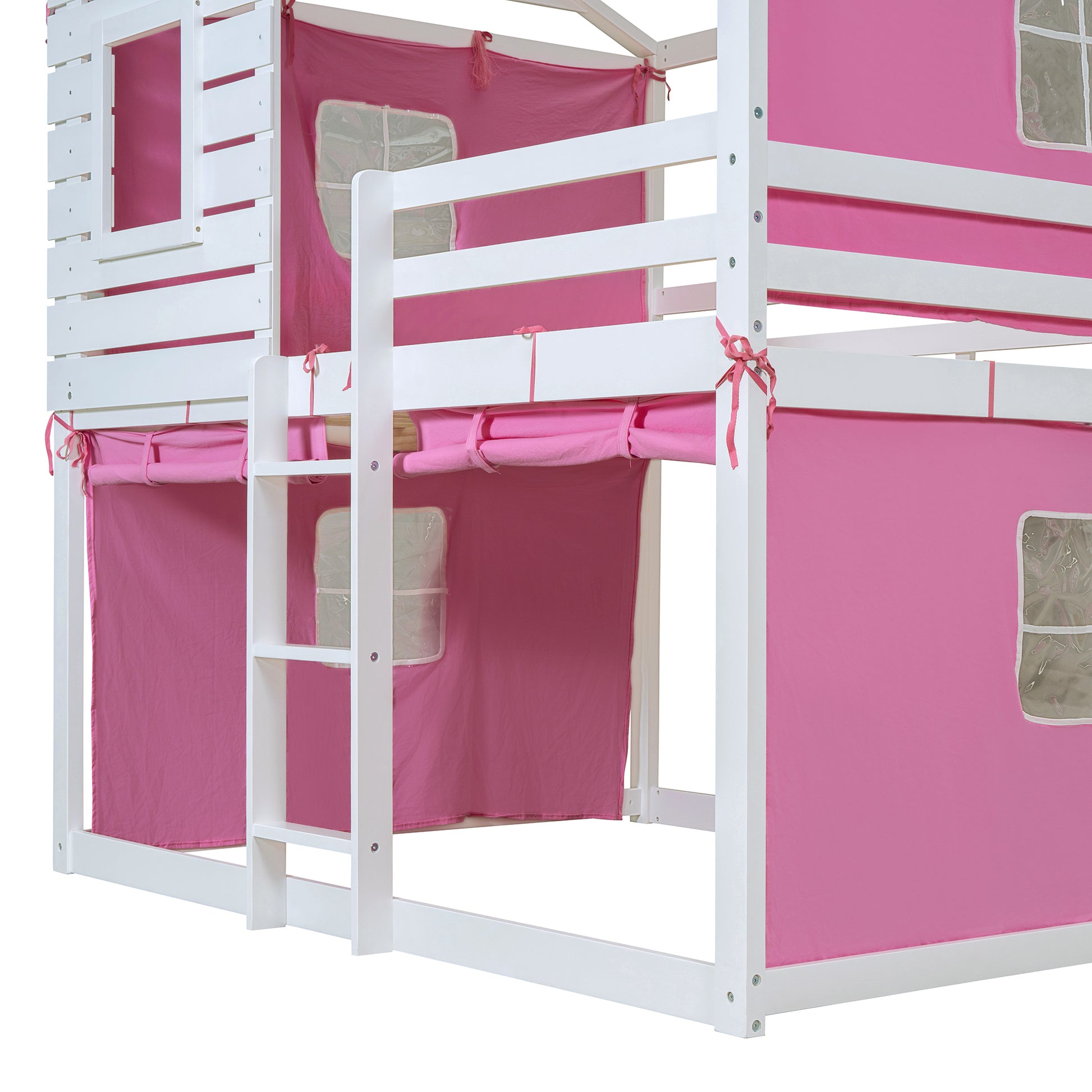 Full Size Bunk Wood House Bed With Tent, Pink