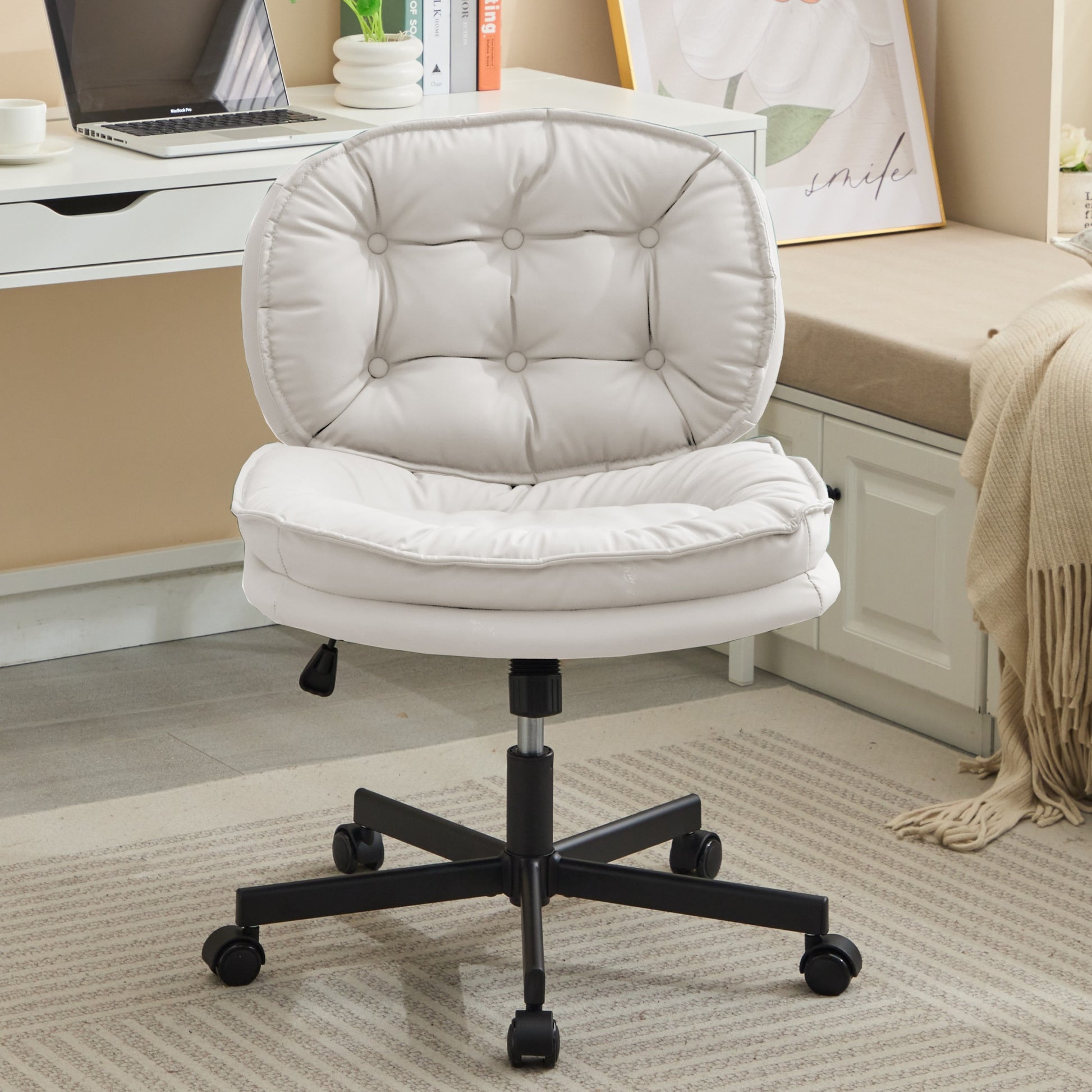 Armless Office Desk Chair With Wheels: Pu Leather