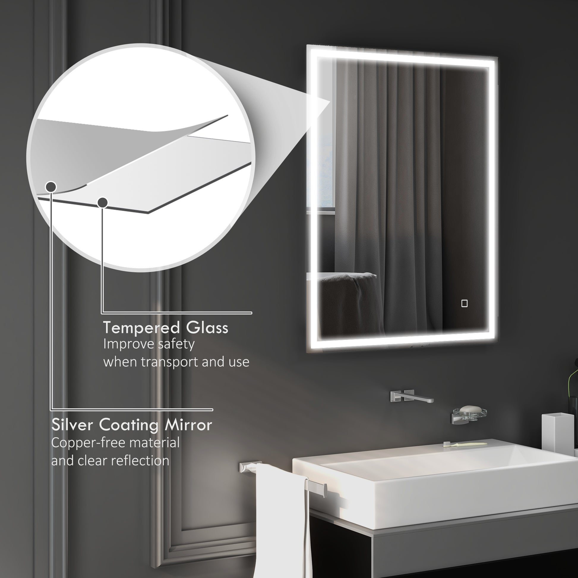 HOMCOM 36" x 28" Dimmable Bathroom Mirror with Lights silver-tempered glass