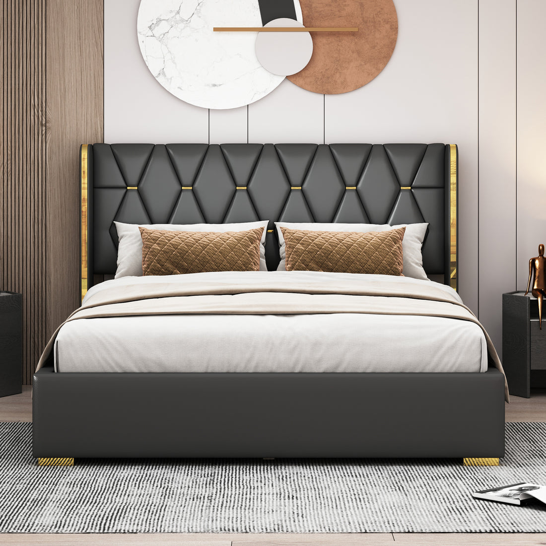 Queen Size Upholstered Platform Bed With Metal