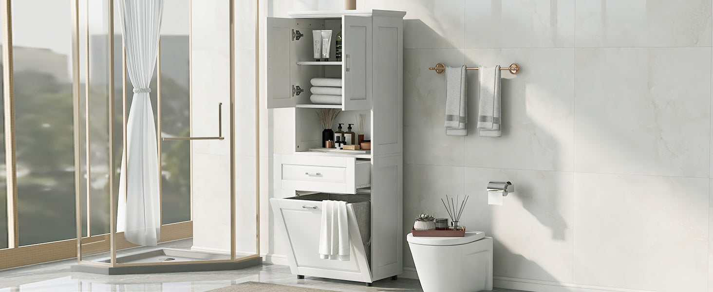 Tall Bathroom Cabinet With Laundry Basket, Large