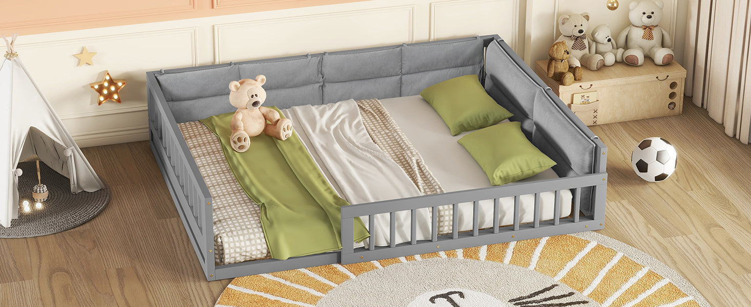 Wood Full Size Upholstered Platform Bed with Guardrail box spring not required-full-gray-wood-bed