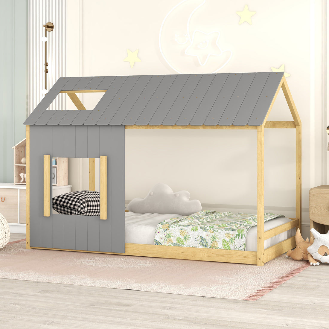 Twin Size House Bed With Roof And Window Gray