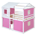 Full Size Bunk Wood House Bed With Tent, Pink