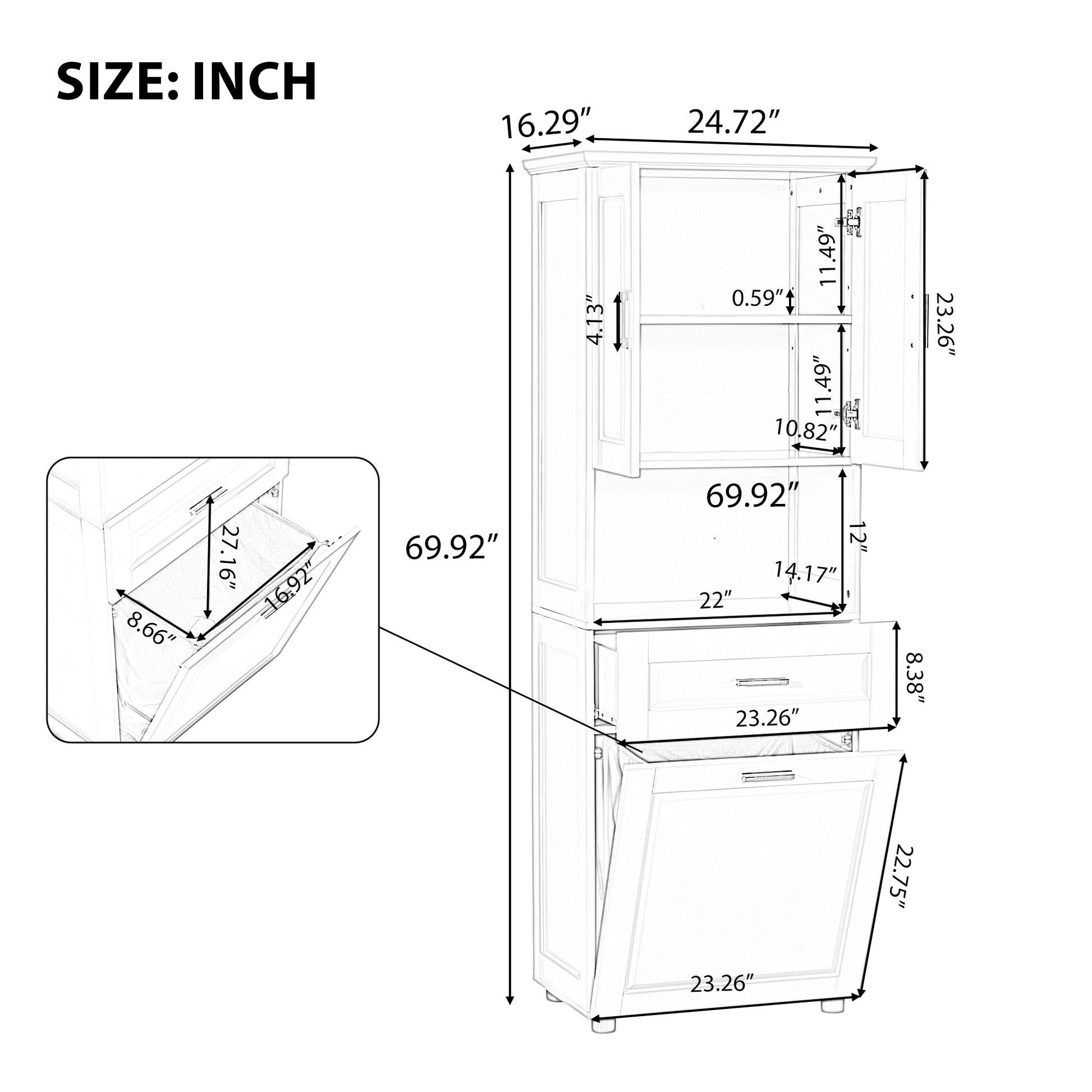 Tall Bathroom Cabinet With Laundry Basket, Large