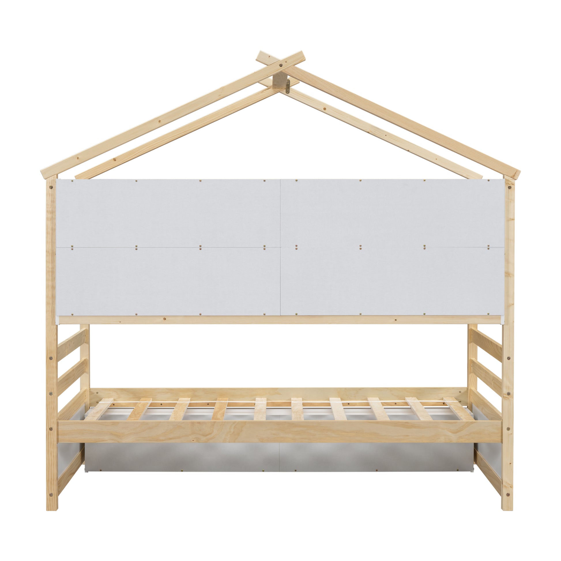 Twin House Bed With Roof Frame, Bedside Shelves,