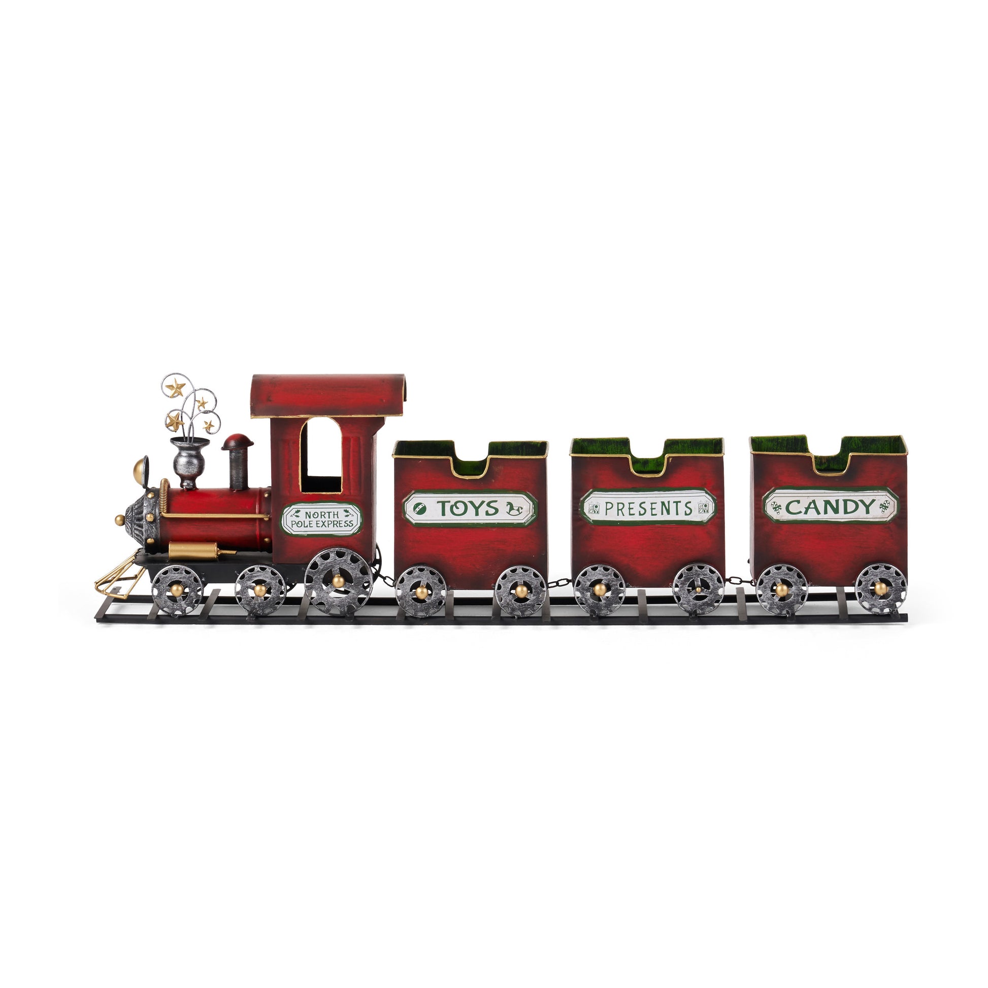 Dark Red Metal Train with Three Cars Decor