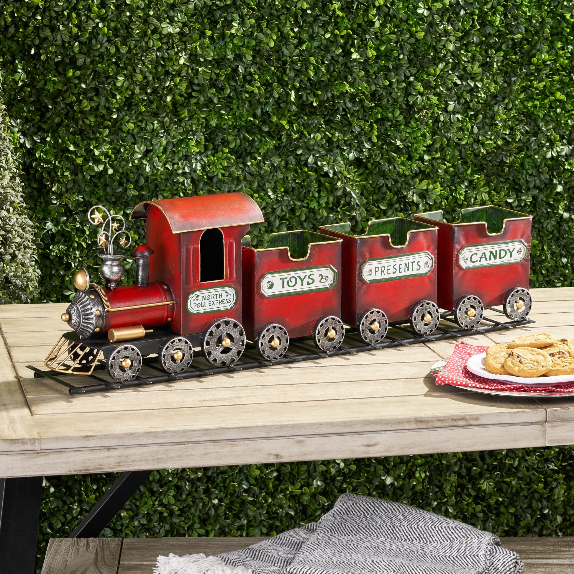 Dark Red Metal Train with Three Cars Decor